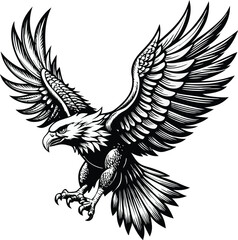 An eagle with a black and white background with a black outline of an eagle