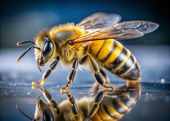 Fototapeta premium A single honey bee with bright yellow and black stripes lands delicately on a clear surface, its intricate wings and hairy body sharply defined.