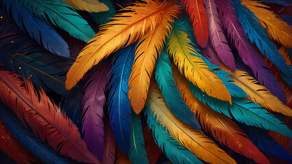 Fototapeta premium Abstract composition of vibrant, colorful feathers arranged in a circular motion
