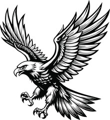 An eagle with a black and white background with a black outline of an eagle