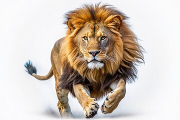 Fototapeta premium Majestic lion in mid-stride, powerful muscles rippling beneath its tawny coat, running freely on a transparent background, evoking a sense of wild freedom and energy.