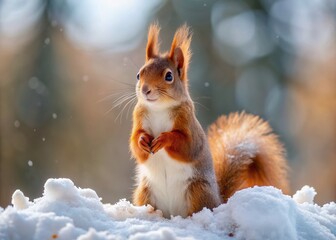 Adorable red squirrel stands upright on snowy forest floor, tiny paws held together, bright eyes shining, and fluffy tail twitching, amidst winter wonderland scenery.