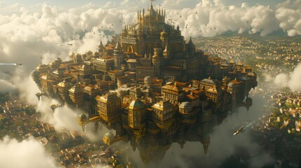 A majestic floating city with intricate architecture, surrounded by clouds and water, showcasing a fantastical landscape.