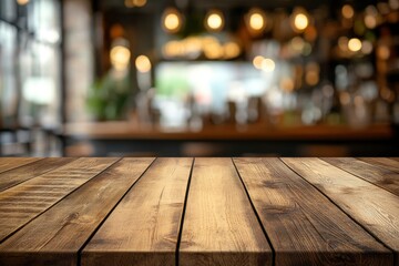 Empty wooden table with blurred restaurant background , ai