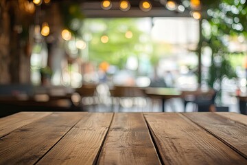 Empty wooden table with blurred restaurant background , ai