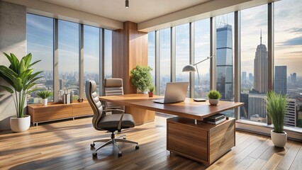 Fototapeta premium Modern office interior with sleek wooden desk, ergonomic chair, and large window overlooking cityscape, filled with natural light and minimalist decor.