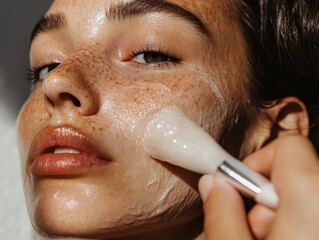 Close-up of a woman applying a facial cleanser with a brush.  Her face is covered in a white, foamy product.
