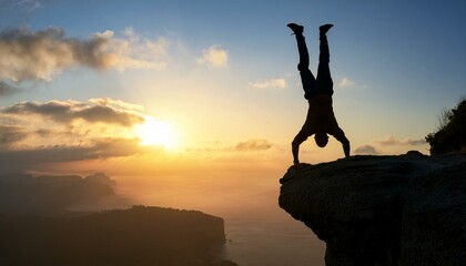 A fearless, brave and crazy person doing a handstand on the peak of the cliff and his successful moves