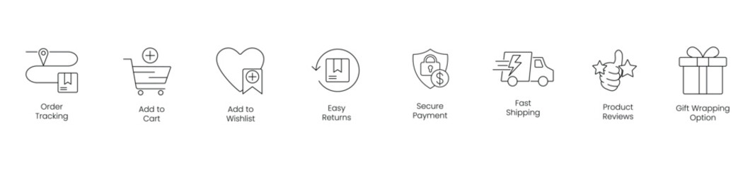  Order Tracking, Add to Cart, Add to Wishlist, Easy Returns, Secure Payment, Fast Shipping, Product Reviews, Gift Wrapping Option - Vector Icon Set
