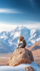 Curious monkey perched on a rock in the moonlit desert, with expressive eyes glowing under the starry sky and sand dunes in the background.