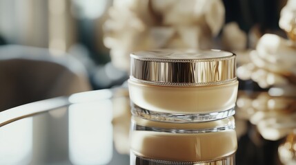 Luxury skincare jar with gold lid on a glass table.  Creamy product in a clear glass jar reflects in the surface.