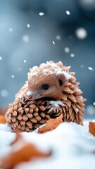 Fototapeta premium Unusual pangolin in a snowy environment, with snowflakes gently falling on its scales and the winter landscape adding a rare contrast.