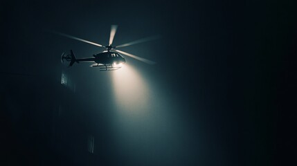 A dramatic scene of a helicopter flying through fog, spotlight illuminating the darkness, creating an intense atmosphere.