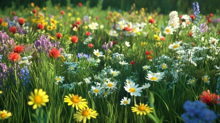 A vibrant summer meadow with white, yellow, red and blue wildflowers amongst tall green grass.