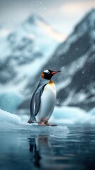 Obraz premium Captivating penguin on an icy shore, with the Northern Lights casting a vibrant glow that highlights its sleek feathers and snowy surroundings.