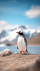 Fototapeta premium Penguin against an isolated background, showcasing its detailed feathers and unique appearance in a simple, uncluttered environment.