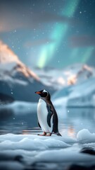Fototapeta premium Captivating penguin on an icy shore, with the Northern Lights casting a vibrant glow that highlights its sleek feathers and snowy surroundings.