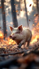 Dramatic pig navigating through a smoky, fiery forest, its form contrasting with intense flames and heat, showcasing resilience.