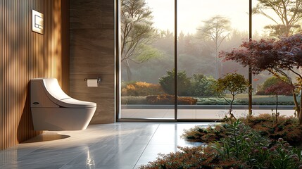 Bathroom with smart toilet, sleek design, and calming environment