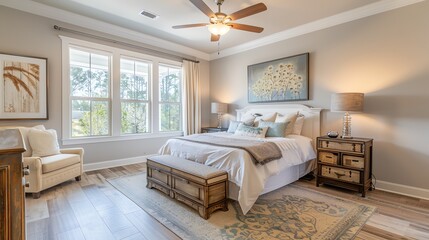Bedroom with smart ceiling fan, peaceful lighting, and relaxing environment