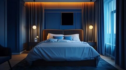 Bedroom with smart heating system, relaxing colors, and comfortable bed