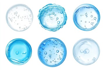 Water serum drop texture. Liquid gel with bubbles circle set . Clear toner, cosmetic product swatch isolated on white background , ai