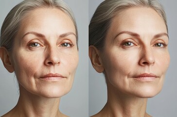 

A woman before and after using the facial treatment, showing her wrinkles fading out and her skin looking more radiant and smooth