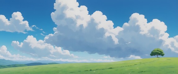beauty landscape, quiet hill with sky and cloud, anime style background