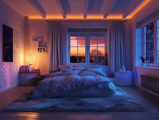 Bedroom with smart lighting system, serene ambiance, and elegant setup