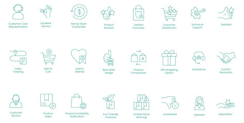 Customer Service and Support Vector Icons Featuring Care Representative, Money Back Guarantee, and Product Reviews