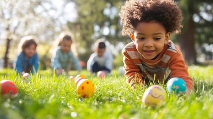 A young boy with curly hair excitedly searches for hidden Easter eggs in the grass.