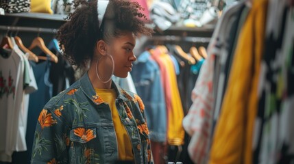 Fototapeta premium stylish woman browsing clothing racks in a fashion boutique, exploring trendy outfits and accessories in a modern retail environment, perfect for shopping-themed marketing campaigns, e-commerce promot