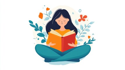 Flat vector illustration of a paper woman reading a book, symbolizing digital library access and education, no logos, white background.