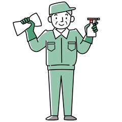 清掃道具を持つ作業着のシニア男性