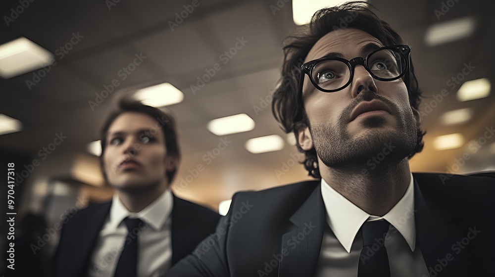 Wall mural eccentric and quirky office workers -low angle shot - stylish - ultra cool - retro office - ceiling 