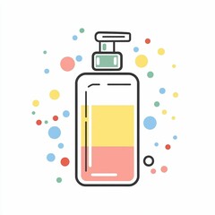 This design features a lotion bottle with a pump, filled with yellow and pink liquid, complemented by vibrant dots for an appealing artistic flair