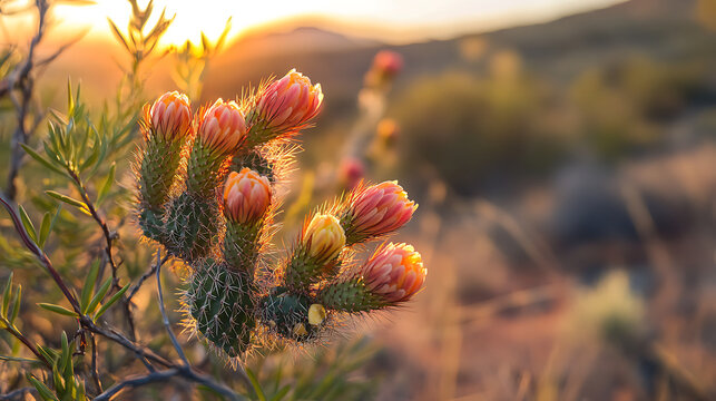A close-up of a unique Australian desert plant with spiky leaves and colorful blooms, set against a vast, sunlit outback landscape 