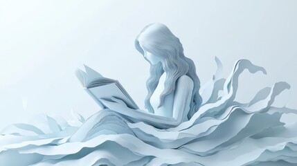 Illustration of a woman figure made of paper, engrossed in reading a book. Concept of online education and library, no logo, white background.