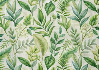 "Twill-weave cotton fabric features a botanical print design with curved stems and leaves in shades of green, surrounded by a subtle texture"