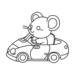 Cute mouse driving the car cartoon vector  line art