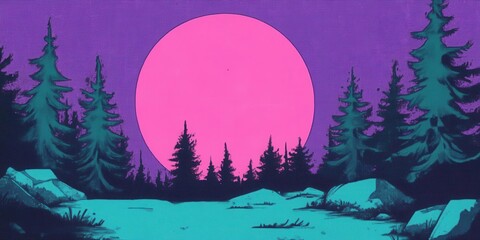 Naklejka premium A vibrant night scene depicting a large pink moon rising over a serene forest landscape with tall trees and rocky terrain.