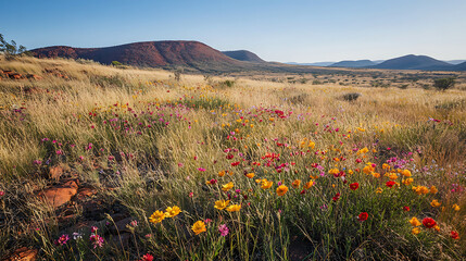 A vibrant display of wildflowers blooming in the arid landscape of the Australian Outback, with rugged terrain in the background  © aun