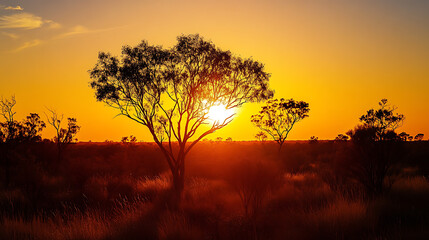 Obraz premium A sunset view over the Australian Outback, with silhouettes of hardy trees and shrubs, capturing the essence of the unique flora 