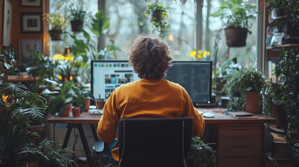 Tranquil Work From Home: A serene workspace bathed in natural light. A woman, a blur of vibrant orange, sits at her desk, surrounded by lush greenery. Her focus is on the computer screen, with a windo