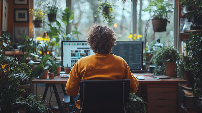 Tranquil Work From Home: A serene workspace bathed in natural light. A woman, a blur of vibrant orange, sits at her desk, surrounded by lush greenery. Her focus is on the computer screen, with a windo