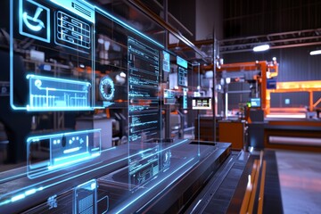 A digital twin of a manufacturing process with virtual simulations of machinery and workflow. The display includes live data, Generative AI