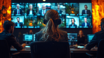 Virtual Meeting Control Room: A woman with headphones sits in front of a large screen displaying multiple video feeds, in a high-tech control room setting,  as others work around her, showcasing the m