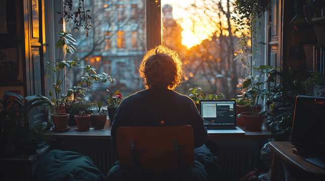 Golden Hour Work: A solitary figure, bathed in the warm glow of a setting sun, works diligently on a laptop by a window filled with potted plants. The image evokes a sense of peace, focus, and the bea