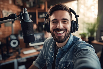 Wide-angle view of a relaxed influencer taking a selfie in a podcast studio, engaging with the audience