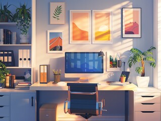 Home office with smart assistant, ergonomic desk, and organized layout